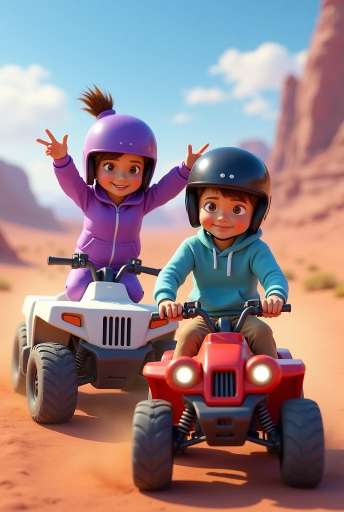 Pixar image with a very young couple, the woman on a military ATV and the man next to the woman on another different ATV, white with red. In the background you can see a desert. The woman with a helmet on her head and the man with a black helmet on his head. The woman with a purple jacket and purple pants making a two with her fingers with her right hand and the man with his left hand making a two sign with his fingers. The man with a light blue sweatshirt and light brown jeans. The woman with her hair up. 