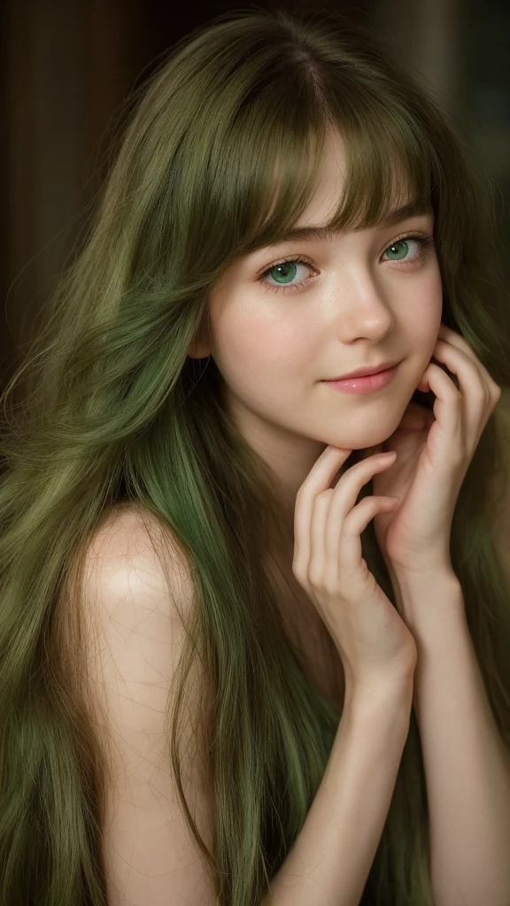 a girl. European. Extremely detailed face. Oval face. Delicate facial features. Half-closed eyes. gentle. Long straight hair. Messy hair. Bangs. Green hair. Green eyes. Pensive. Melancholic. Ethereal. Innocent. smile