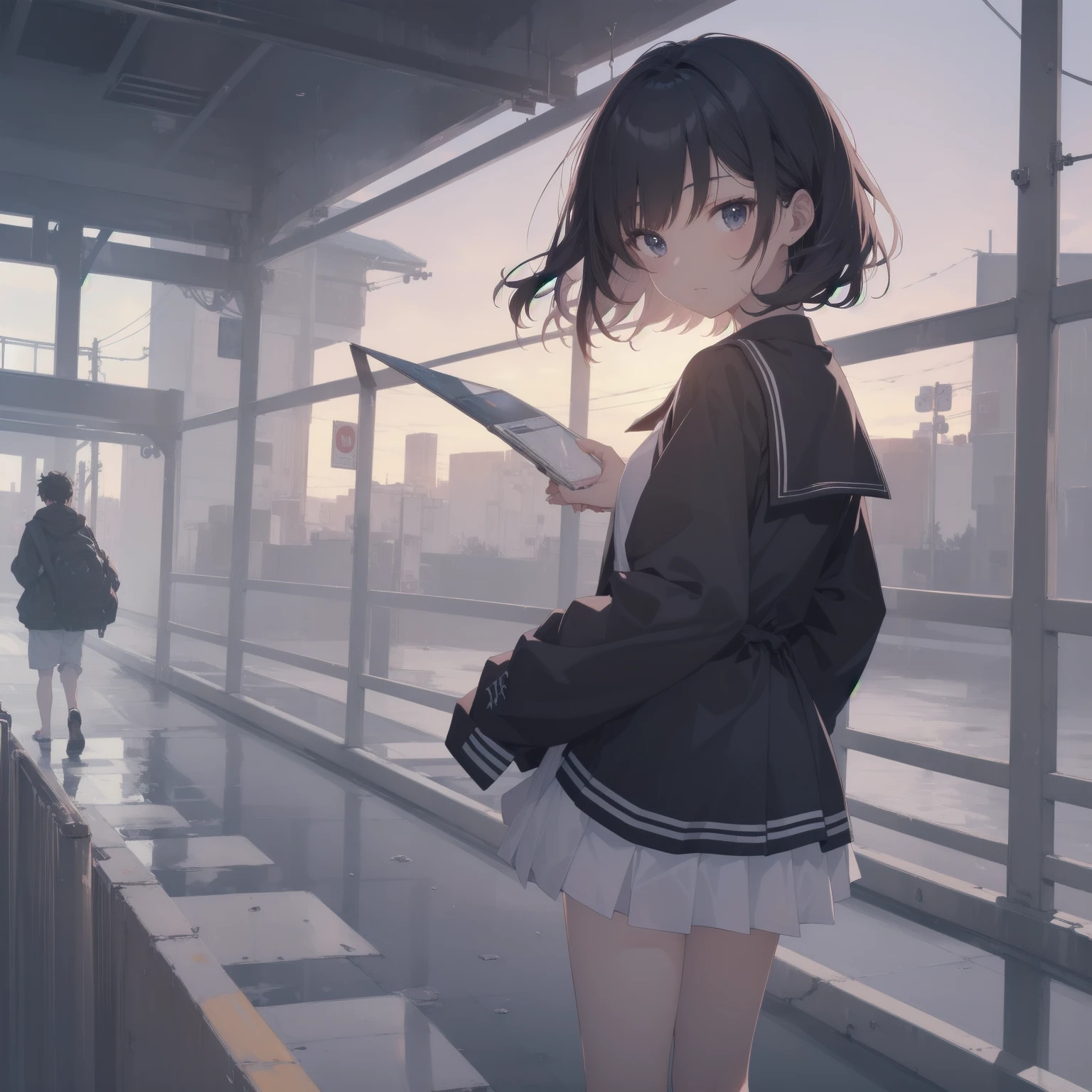 ultra-absurdres-Top quality by artist God, ultra-detailed, high resolution, anime moe artstyle, best anime 8k konachan wallpaper, pixiv contest winner, pool:2810, perfect anatomy,break, 1girl, (Please draw a girl walking sleepily to school alone. )break,(Solo,little female, 13-year-old:1.3),Full limbs, complete fingers,a junior high school student, (very short hair), short cut, flat chest, , small butt, small black eyes, beautiful detailed eyes, well-proportioned iris and pupils, expressive eyes, highres detailed hair, soft expression, salor school_uniform, sailor collar, serahuku, bow, pleated skirt,(Detailed Lighting), (Detailed background), in the School commute route. break,super detailed skin, Best cinematic lighting powered by famous artist, 8k,beauty illustration,photoshop_(medium),very aesthetic,break,((artist:shimazaki_mujirushi )), artist:clamp ,artist:carnelian ,artist:kantoku ,