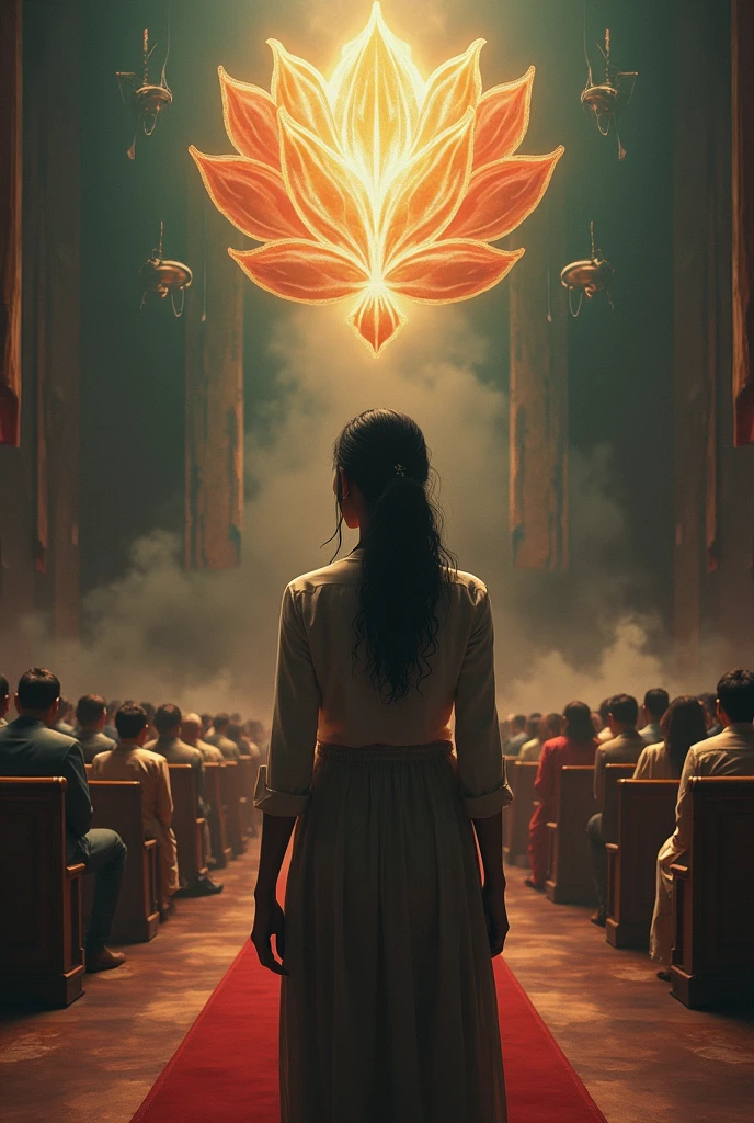 The young woman stands tall and resolute in a courtroom, facing the judge and the system. The setting is modern, with the courtroom filled with people watching the proceedings. Her expression is one of calm strength, ready to face whatever comes her way. The background shows symbols of justice—scales, law books, etc.—but subtly intertwined with motifs of Indian mythology, like lotus flowers or conch shells, symbolizing the divine support behind her.