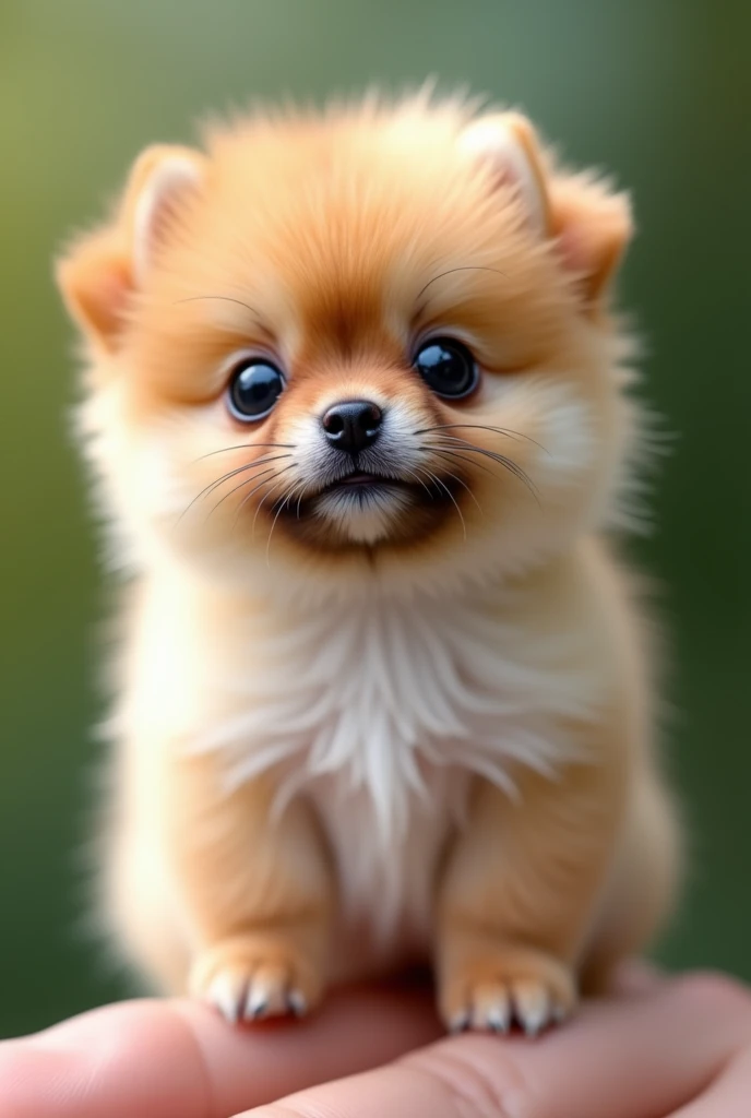 a micro baby pomeranian puppy, extremely detailed, photorealistic, 8k, hyperrealistic, soft fur, adorable, perched on a human finger, detailed face and eyes, looking at camera, shallow depth of field, natural lighting, natural colors, intricate details