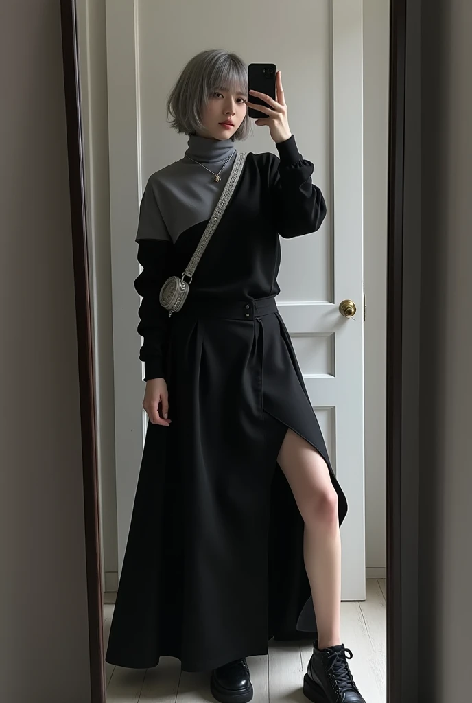 highly detailed, beautiful, hyper Realistic girl, masterpiece, best quality, Japanese sexy fashion model, 2, identity hidden, takes a selfie in her room using a smartphone in front of a mirror with one hand, fashion model Posing, looking away from the camera, /// gray short hair, light color eyes, Realistic skin, Detailed face, /// black-themed, futuristic-inspired fall outfit, black asymmetrical sleek short shirt with collar, form-fitting turtleneck in a soft gray fabric. Combine this with high-waisted black layered maxi patchwork skirt made from a modern silhouette, Footwear should include black, futuristic sneakers with Thick soles. Accessories might involve a slim, a minimalist silver crossbody bag. The overall look should blend modern functionality with futuristic elements, offering a fresh, forward-thinking take on autumn fashion, /// Monotone simple modern taste single room, mirror, complicated background