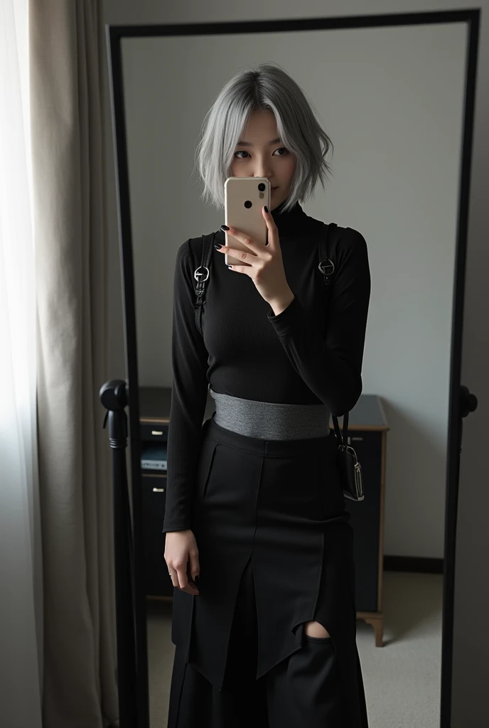 highly detailed, beautiful, hyper Realistic girl, masterpiece, best quality, Japanese sexy fashion model, 2, identity hidden, takes a selfie in her room using a smartphone in front of a mirror with one hand, fashion model Posing, looking away from the camera, /// gray short hair, light color eyes, Realistic skin, Detailed face, /// black-themed, futuristic-inspired fall outfit, black asymmetrical sleek  short shirt with collar, form-fitting turtleneck in a soft gray fabric. Combine this with high-waisted black layered maxi patchwork skirt made from a modern silhouette, Footwear should include black, futuristic sneakers with Thick soles. Accessories might involve a slim, a minimalist silver crossbody bag. The overall look should blend modern functionality with futuristic elements, offering a fresh, forward-thinking take on autumn fashion, /// Monotone simple modern taste single room, mirror, complicated background