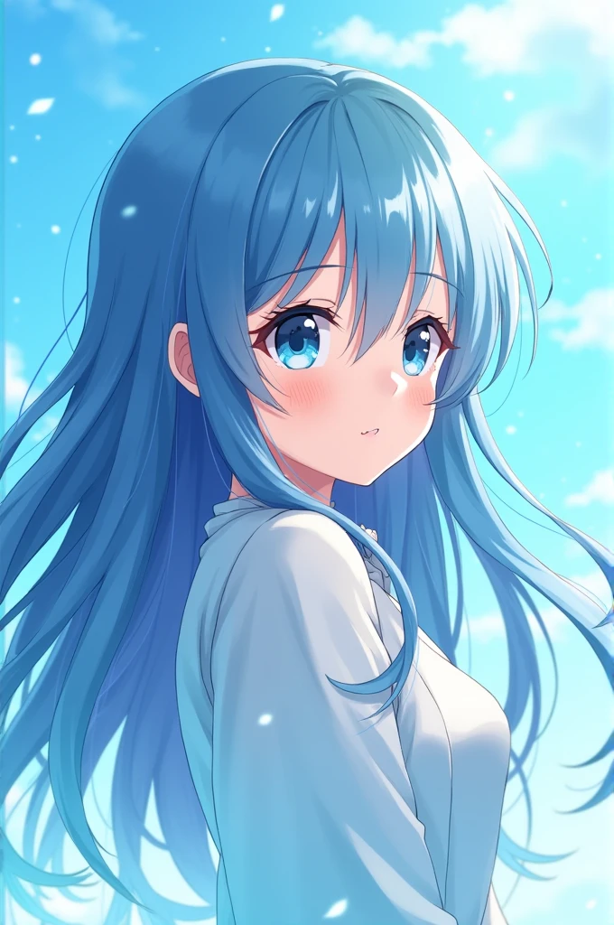 Create a pic that looks like an anime girl blue asthetics smiling and looking to my right