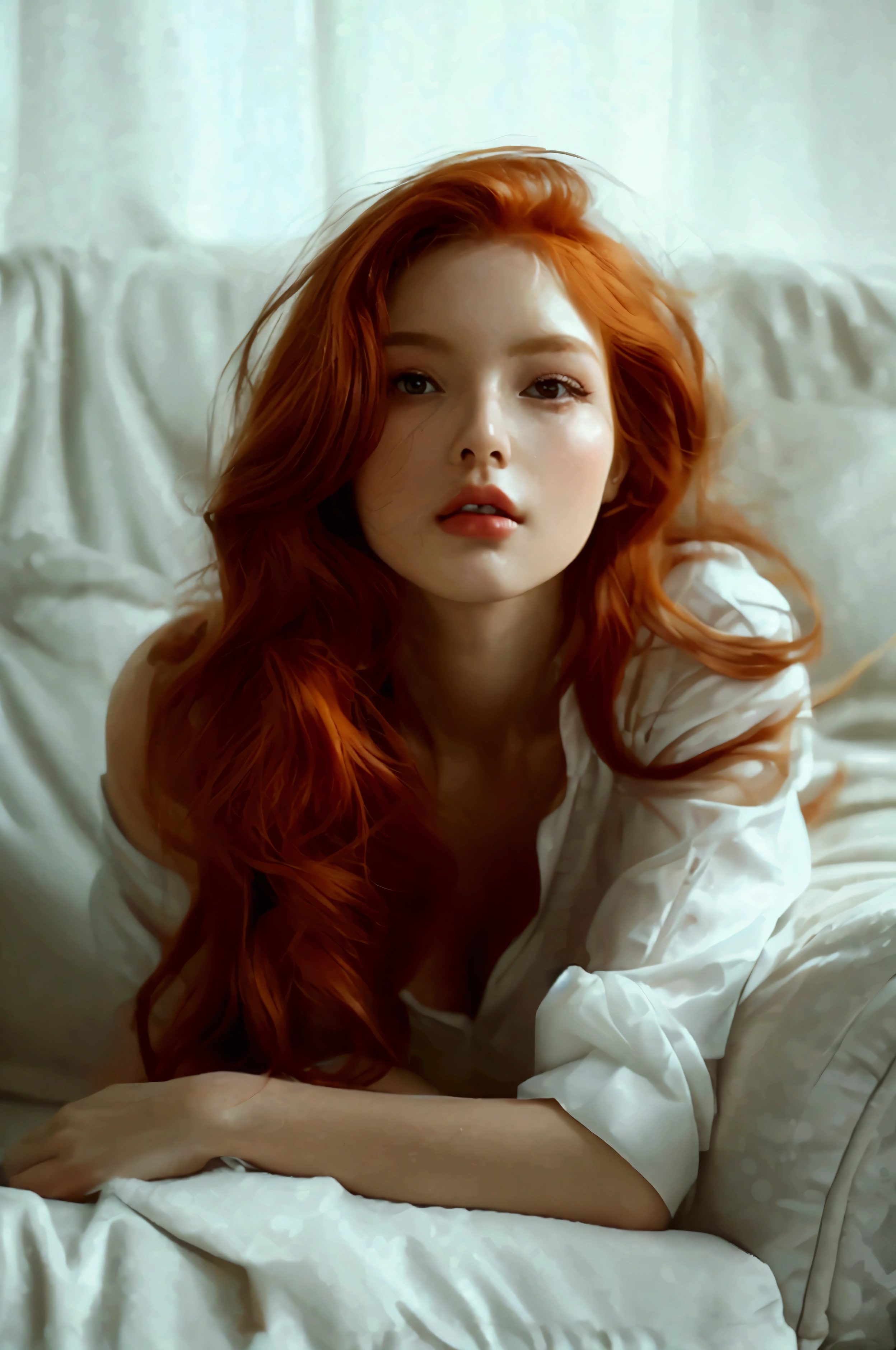 (full-body shot:1) Realistic images (Lying position:1) Surrealism, photography, Long red hair, Miss, 2, Hourglass figure, Perfect body, Flirty look, Medium breasts, Blurred Background, She lies on a modern white sofa in the living room, She looks seductive, 她barefoot, barefoot, She is wearing a white shirt