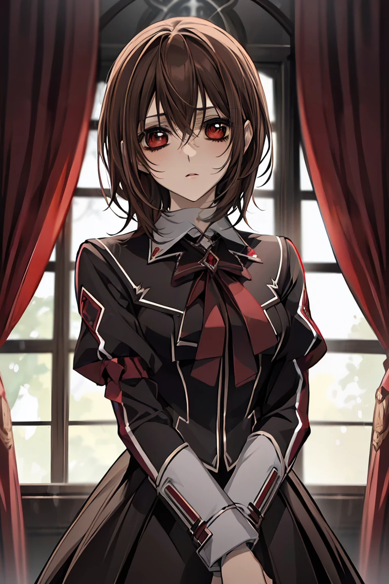 (absurdres, highres, ultra detailed, HDR), masterpiece, best quality, Yuki Cross, 1woman, solo, beautiful, brown hair, vibrant red eyes, finely eye and detailed face, window, red curtains, black uniform, vampire knight, arms behind back, solid crimson background, 