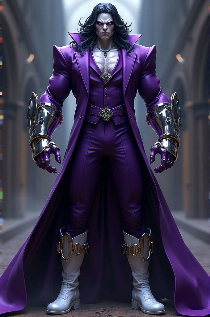 Perdonaje real , un demoño, vlad plasmius muy alto vestido con un traje con una joya en el cuello, violeta, mucha clase, colmillos, en el medio, picollo daimacu, pelo negro muy largo, Violet eyes, lindos ojos, zangetsu reflectantes circulares grandes, guantes blancos grandes, botas de combate blancas, vestido de vampiro, salvaje, con toques asiáticos, una fusión entre vlad plasmius, Hulk, zangetsu y picollo daimacu, (composición cinematográfica), (horror : 0.2), (mejor calidad, obra maestra, 4k, ultra detallado, enfoque nítido, 8K, alta definición:1.2), ( (obra maestra: 1.2), batalla, badass.