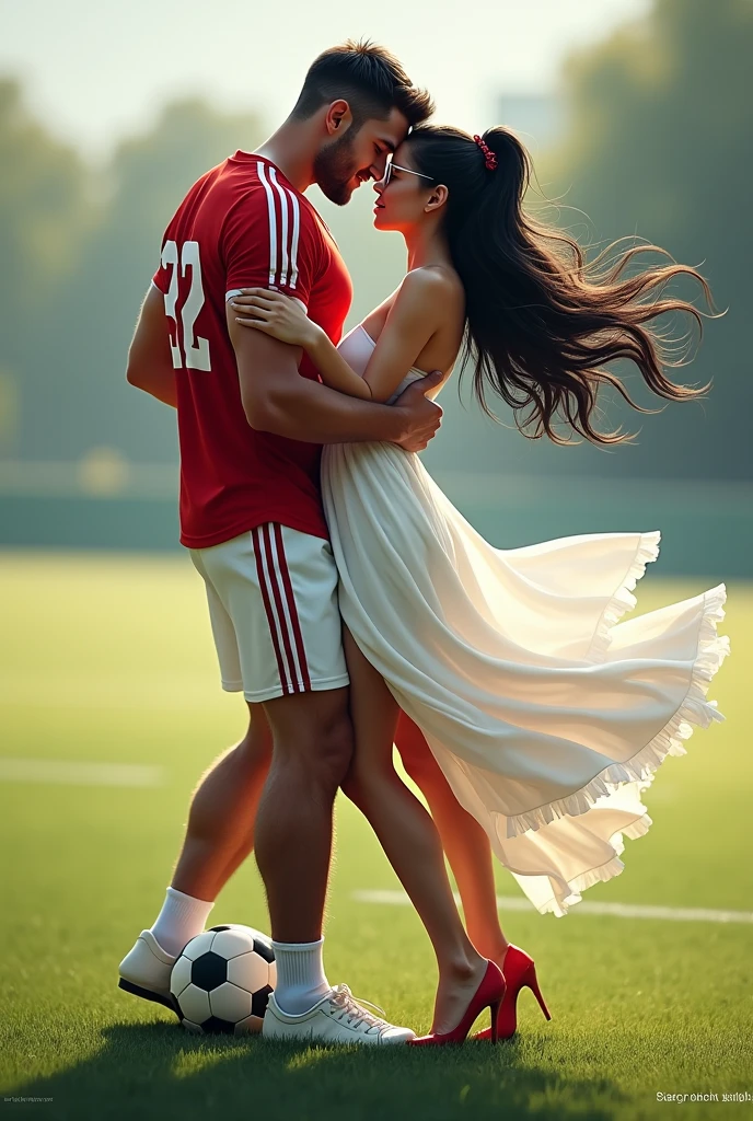 A man pick up woman and woman legs wrapped around man s waist and kissing eachother .man and woman standing in a football field ground .man is wearing red and white 32 no sports jersey. Girl is wearing long white dress and glasses. She has black hair and wearing high heel. Man is one foot standing on soccer ball . Girl hand in man s arm and man s hand on her ass also add cute hair tie in her hair