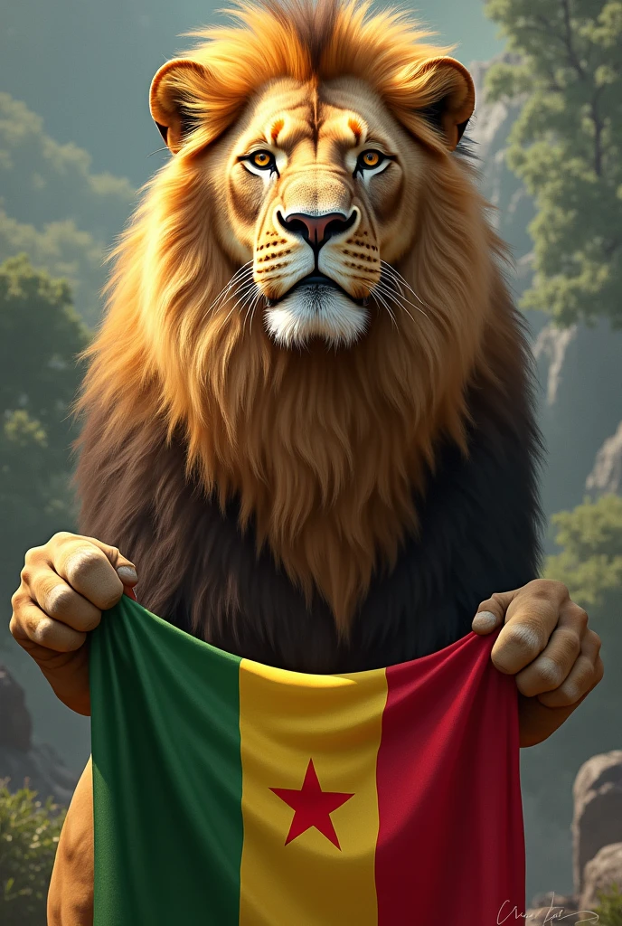 un lion tenant le 
Drapeau cameroun 