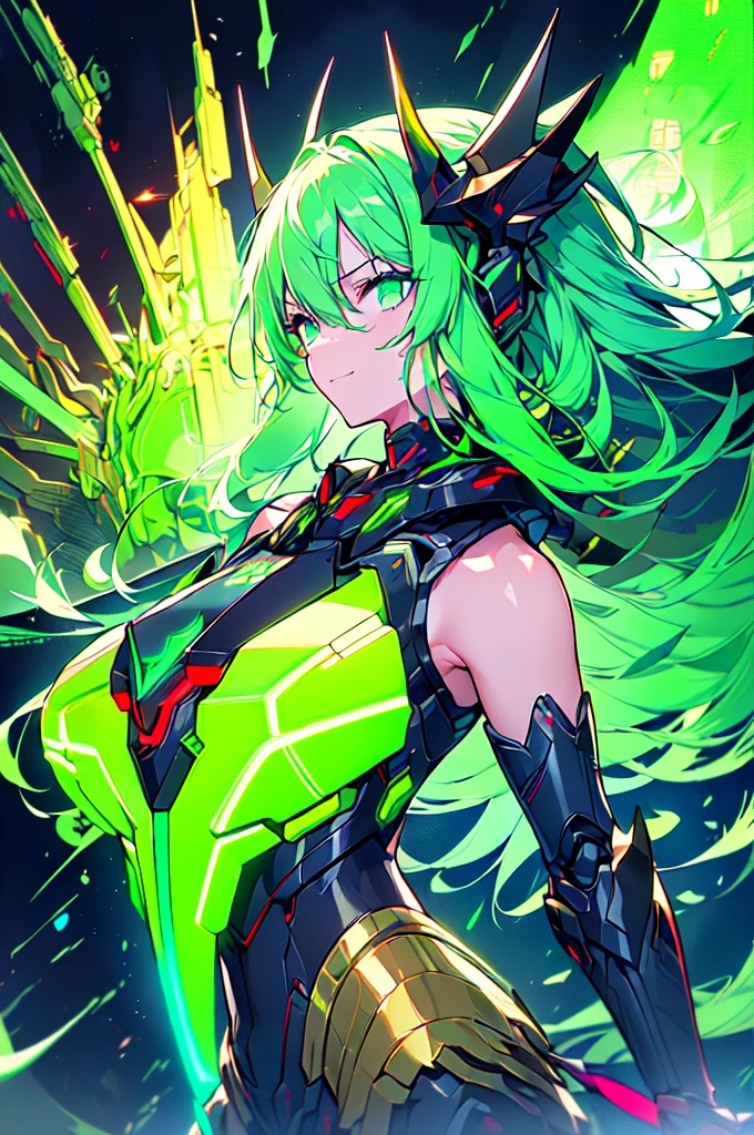 (((masterpiece))), (upper body), 1girl, solo, Green hair, long hair, Green eyes, (slant eyes), science fiction, (mecha musume:1.5), mechanical parts, headgear, doragon mechanical tails, ((mechanical Black dragon Armor)), Evil smile face, (((neon light green))), Anime style