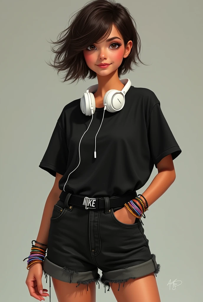 A girl with brown hair with a short wolf cut dark brown eyes baggy black clothes black denim shorts and a baggy t-shirt white Nike sneakers slightly rosy cheeks and a beauty grin on her cheek colorful Brazilian bracelets on her wrist white tanned black headphones around her neck realistic style a black belt hair that hides the sides of her face a little