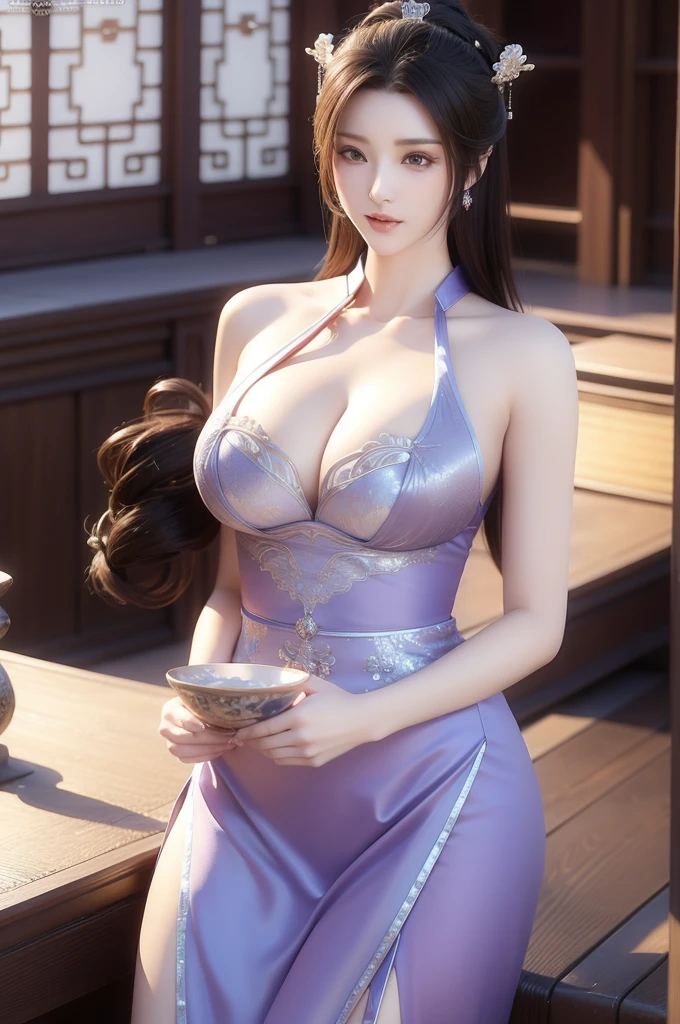 The beauty of an ancient Chinese queen、8K high quality、Ultra-realistic details、On the table、3D Rendering、Sexy outfits with wide cleavage、Detailed face、Detailed body、Enlarged and detailed buttocks、best quality、best stance style