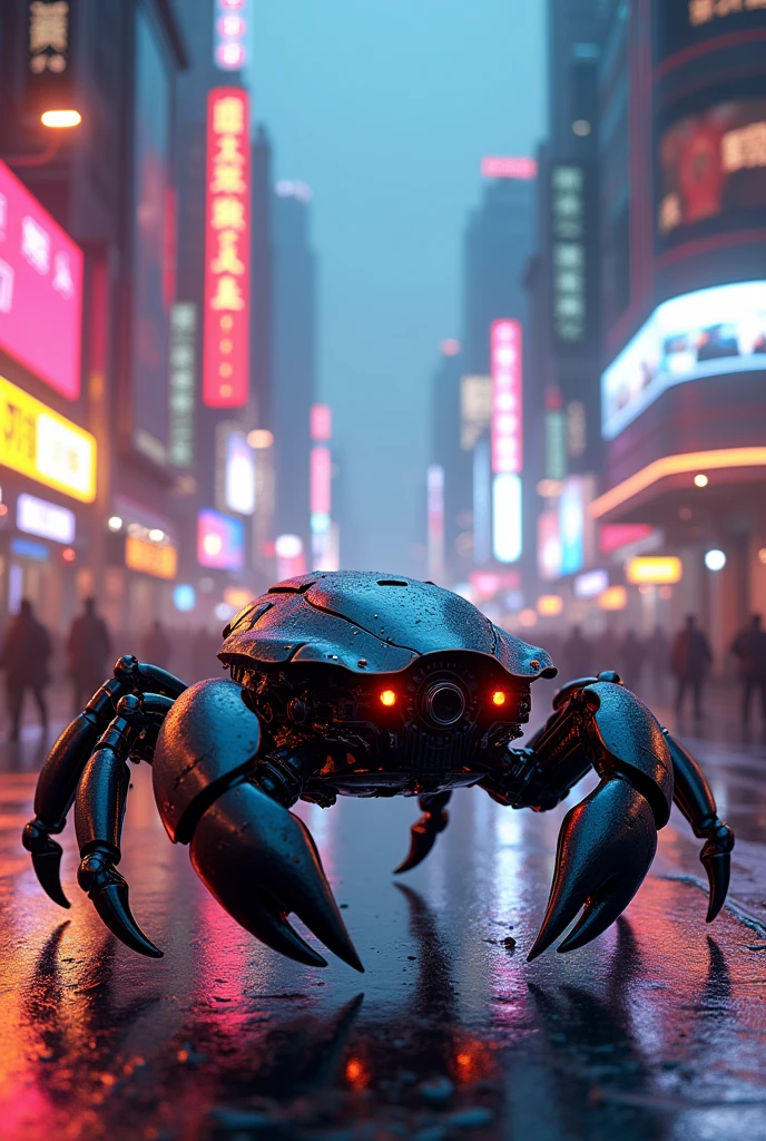 Crab in city robot shots neon light 
