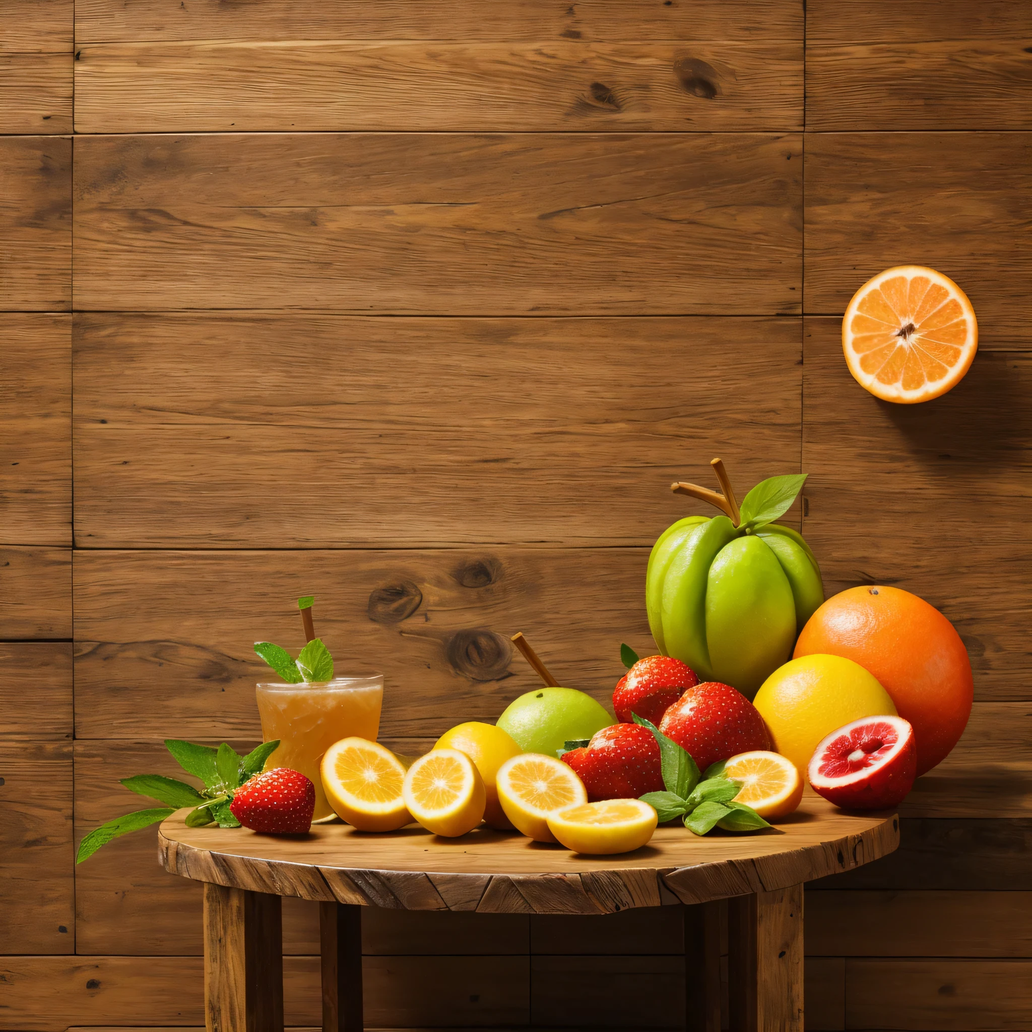 a rustic wooden table with various tropical fruits ingredients like fresh fruits, herbs, and the drink itself with the kitchen in the background