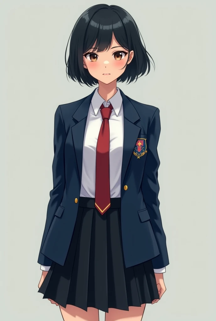 full body image. short black haired female student wearing white shirt, dark blue blazer, red blue tie, black skirt.