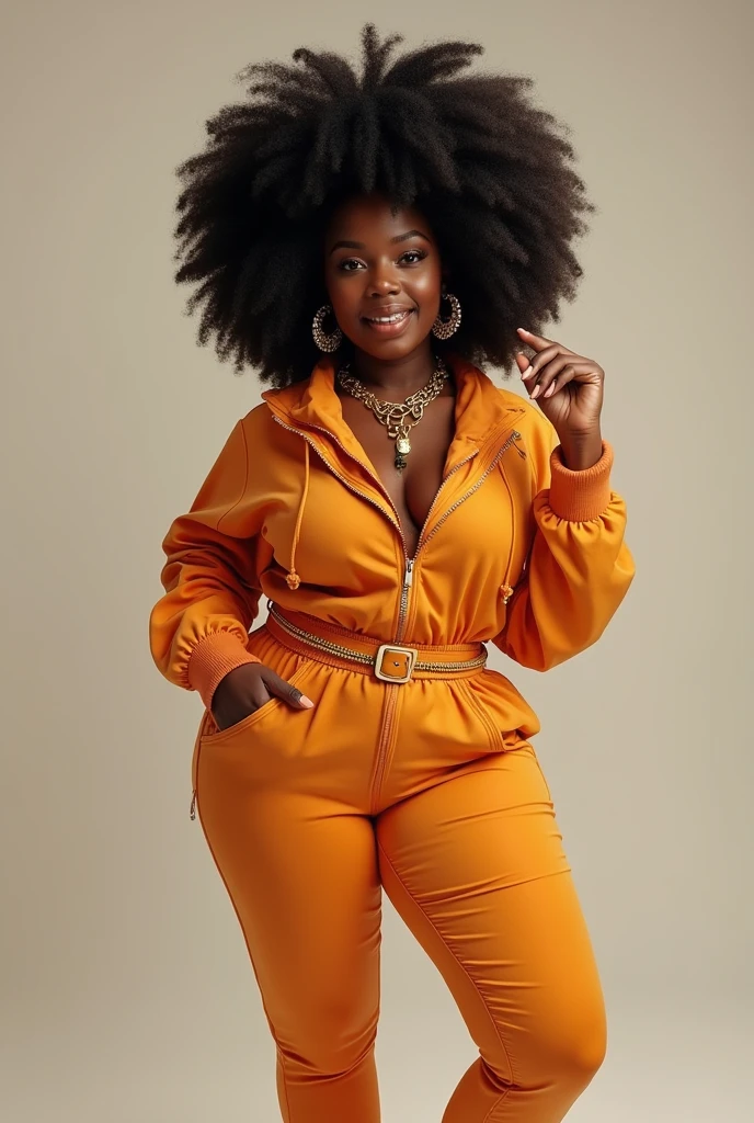 A black girl with curly hair wearing American hip hop style clothes and necklaces showing her entire body 