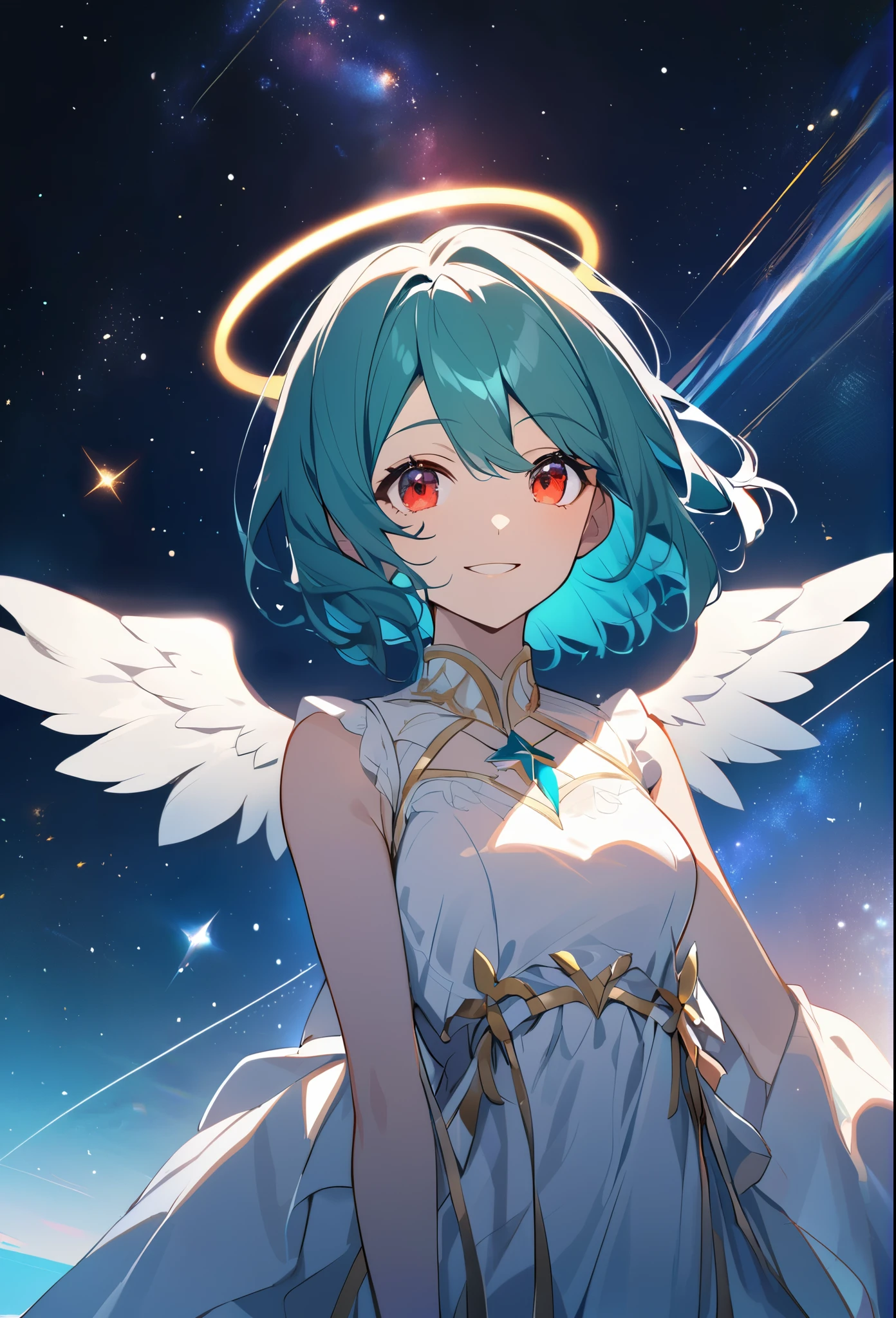 a woman, teal hair, red eyes, smile, angel wings, golden halo, white dress, standing upright, in outer space, Milky Way in the background, stars in the distance, upper body