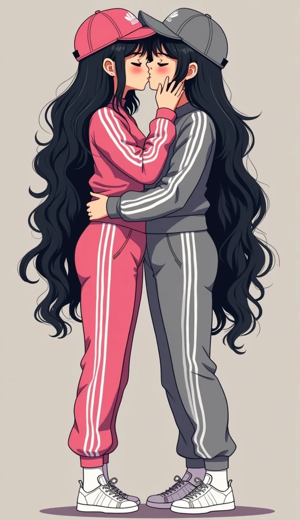 Two girls long black hairs, yuri,
The first girl wear a pink adidas pants, pink adidas cap, white socks, white adidas sneakers.
The second girl wear a grey adidas pants, grey adidas cap, white socks, white adidas sneakers.
French kiss, lesbian kiss, hugging, sensual body, closed eyes, novel cartoon, 4K, HD