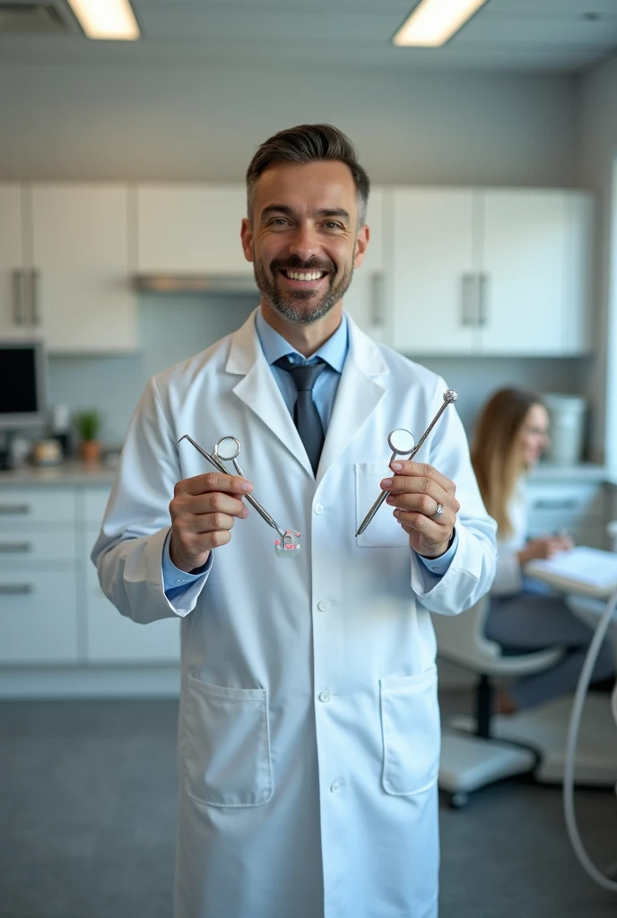 Man dentist taking positioning photo, in your office,  holding objects from your work 