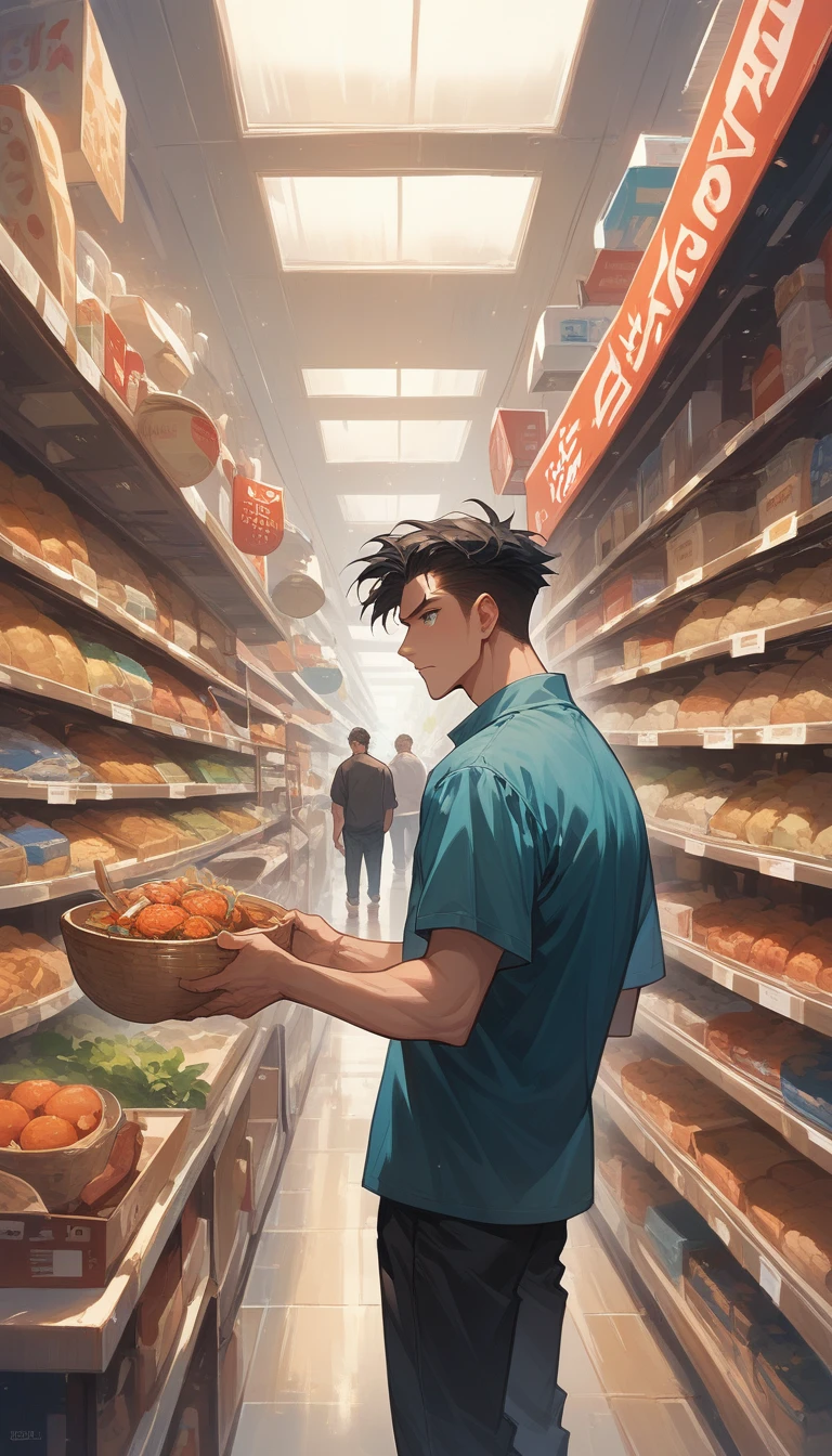 A crowded store with people rushing to grab the last bags of rice, some pushing carts hurriedly, tense atmosphere.
