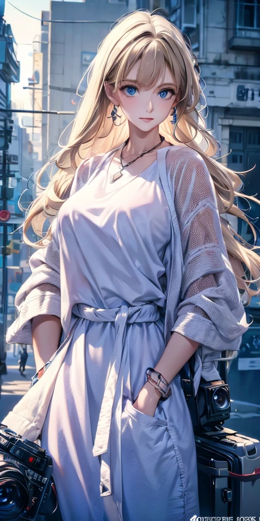 best quality, masterpiece, high resolution, A girl, portrait, actual, blue eyes, Blonde hair, Large Breasts, fashion brand image, Fashionable and casual, Fashion Clothing, necklace, Pretty Face, Perfect breasts, Tyndall effect, octane render, lifelike, Dark Studio, Side light, Two-color lighting, (HD Skin:1.2), 8K Ultra HD, SLR camera, Soft Light, high quality, Volumetric Lighting, frank, photography, high resolution, 4K, 8k, Bokeh, concept art, Art work,
