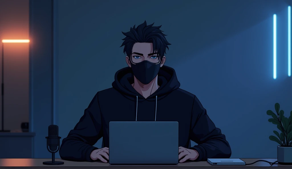 Create an anime-friendly looking
male business character who appears
handsome and smart. He has a good face
and is wearing a black face mask and a black
hoodie. The character is sitting behind his
laptop in his office, with his arms on the desk.
It is night, and the room features volumetric
neon lighting. The character is front-facing to
the camera, looking straight and centered. This
is a central portrait with an audio microphone
on the desk near his mouth. The character's
face should occupy about 1/3 of the image size.
He is sitting straight, front view, and centered,
looking straight ahead. The overall ambiance
of the image should convey a connection to
minimalism, with flat illustration, bold lines,
simplification, and a gouache illustration style.
The image should be in 8K resolution.