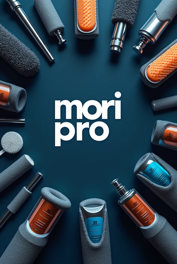 Logo of a company selling car detailing products called “Mori Pro” In the background there are car wash brushes, car wash product containers, 5 litre buckets with products, car wash spray bottle, a polisher