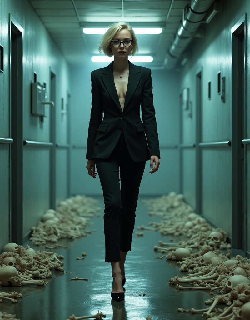 Under the cold fluorescent light, the human experiment room of the frightening research facility, filled with piles of human bones, was unexpectedly bright. The director of the research facility was a beautiful, intelligent femme fatale with short blonde hair and glasses, who looked seductive in her suit as she walked, trampling over the bones with her black stiletto heels., profile, Character focus, From above, Dutch angle, staring at the viewer, evil seductive smile,