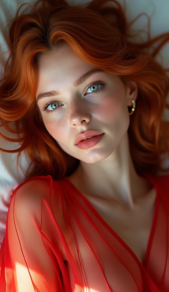25 year old woman with copper hair, White skin, green eyes, Full frame, lying on his back on a bed in a hotel, in a translucent red robe of a goddess , beautiful detailed eyes, beautiful detailed lips, extremely detailed eyes and face, long eyelashes, high quality, 8 thousand., hyperrealistic, photorealistic, physically based rendering, bright colors, studio lighting, complex parts