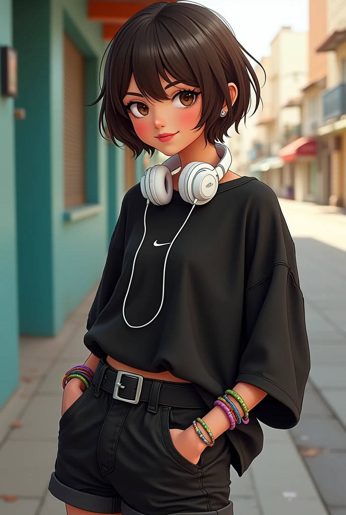 A girl with brown hair with a short wolf cut dark brown eyes baggy black clothes black denim shorts and a baggy t-shirt white Nike sneakers slightly rosy cheeks and a beauty grin on her cheek colorful Brazilian bracelets on her wrist white tanned black headphones around her neck realistic style a black belt hair that hides the sides of her face a little