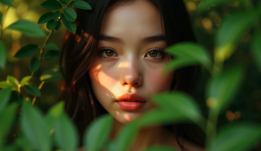 a girl in a lush green forest, beautiful detailed eyes, beautiful detailed lips, extremely detailed eyes and face, long eyelashes, portrait, photorealistic, 8k, best quality, highly detailed, ultra-detailed, cinematic lighting, dramatic scene, warm colors, glowing warm light, magical, fantasy, awe-inspiring, incredible detail