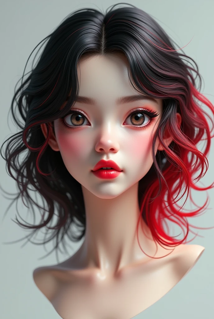 ((hyper detailed)) realistic, female face, with red and black hair color, cute and beautiful, focus detailed eyes, lips and nose, rendered in blender, show only head and neck, floating, 3d Work in progress. wide view camera