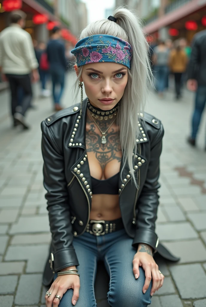 russian milf woman, grey hair (middle part, ponytail) and oversize colourful bandana as headband, with very light blue eyes, extremely pale. Wearing studded cropped black moto jacket with lots of zippers and pins, badges on the sleeves, black push up bra with white seams, dark skinny blue jeans and pointy silver Chelsea boots with cuban heels . Studded Choker. Lots of metallic bracelets and colourful collars. Tacky wide studded leather belt with oversized skull and bones buckle. Long bohemian earrings with feathers. Kneeling like in a payer, looking at the camera. Shy,humble facial expression. Hands on her knees, studded black leather tote bag with chains. Listening in amazement to somebody speaking to her, Toned six pack abdominals, thin neck, slim legs and thin arms. Tattoed heavily. A lot of people around looking at her, next to her, coins and all her belongings on the floor