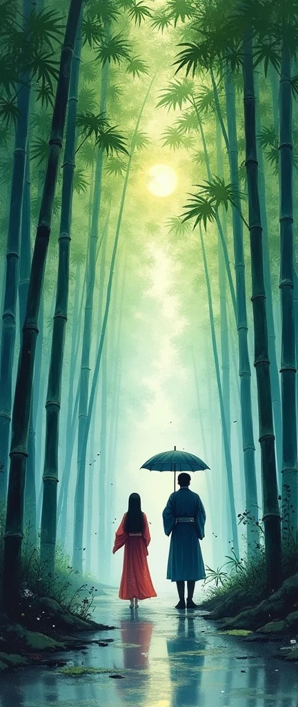 dynamic ink painting of a bamboo forest in Japan, great art, Great sense of depth, ground level shot, The most beautiful bamboo forest in the world, Bamboo leaves shining through the rain, officer\(pale blue\) with a slightly cloudy sky, beautiful woman\(ancient japanese noble, beautiful kimono, Beautiful long black hair\) looking up at the officer holding an umbrella,soft rain, Fireflies flying around, Bamboo leaves are placed three-dimensionally in the foreground, long distance shooting,limited color
