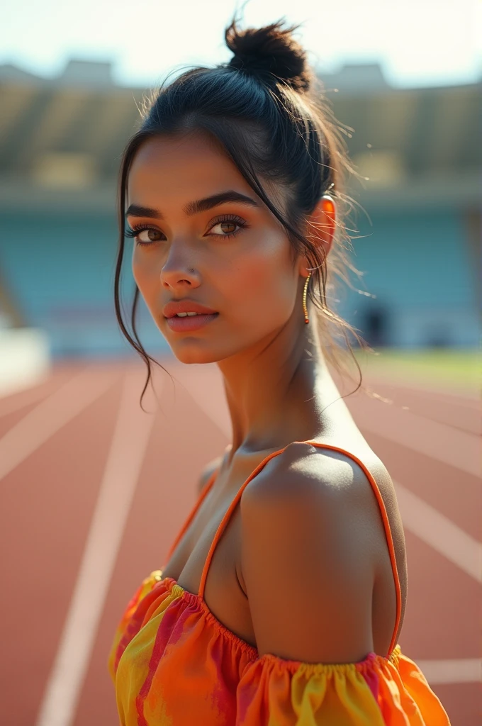 ultra-realistic photographs,Indian Instagram female model,mid 20s,9:16,mid-shot,beautiful detailed eyes,detailed lips,longeyelashes,black pull up and tied hair, naturally full eyebrows,perfectly formed nose,expressive face,attractive appearance,confident and elegant posture,graceful movement,vibrant and track dress, trackfield background, serene atmosphere,stunning architecture,soft and natural lighting,vivid colors,photorealistic,HDR,highres,studio lighting,ultra-detailed,bokeh,fully covered clothes