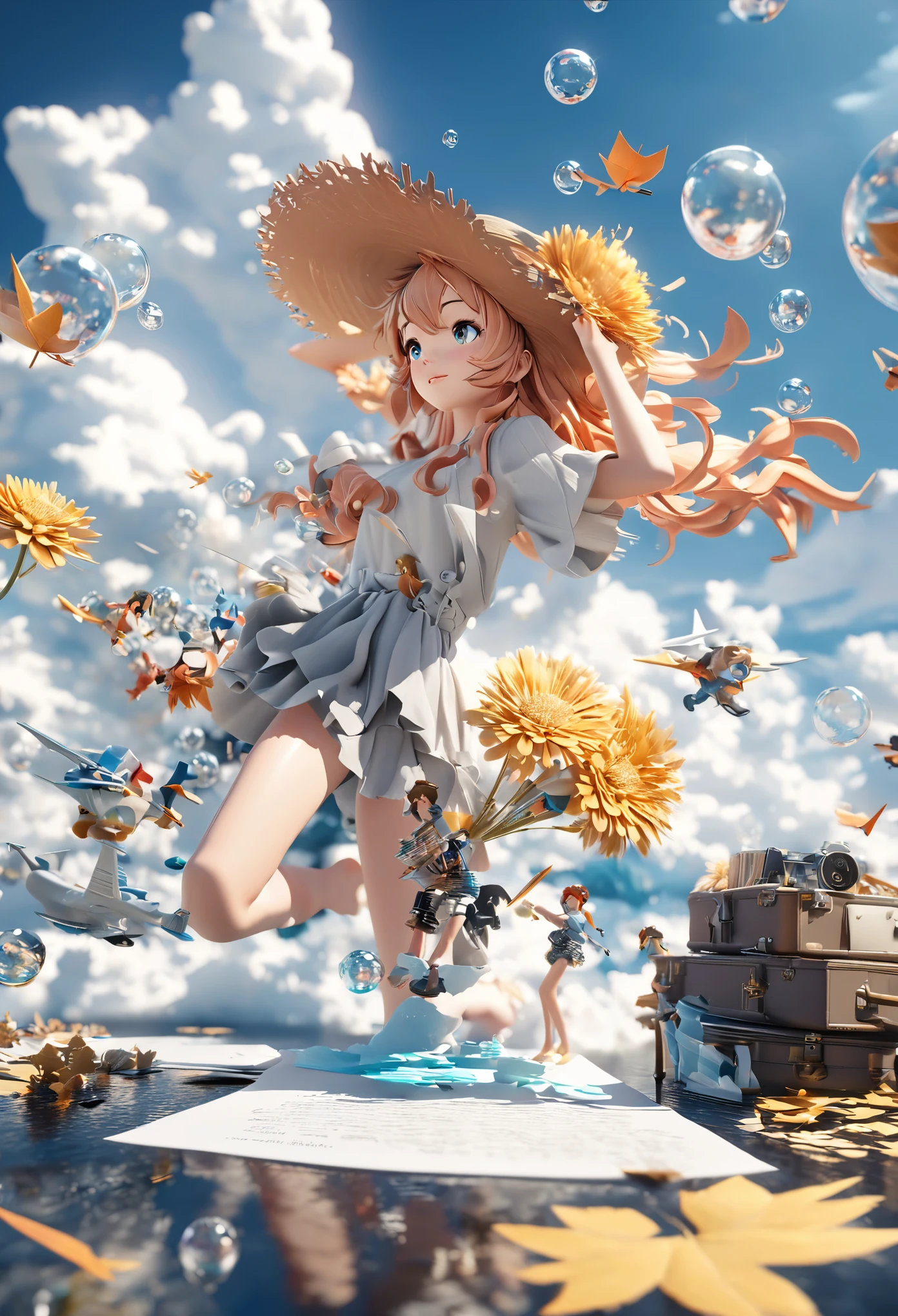 There is a suitcase with a straw hat on top, clouds, atmosphere, leaves, chrysanthemums floating in the air, paper airplanes, (miniature: 1.2), 2.5d illustration, 3d rendering, 3d modeling, bubble matt, trend in behans 3d art, trend in behans 3d art, 3d illustration, 3d illustration, 3d illustration, commercial illustration, cinema 4d color rendering, 3d rendering stylization, stylized digital illustration, 3d stylized scene, stylized 3d rendering