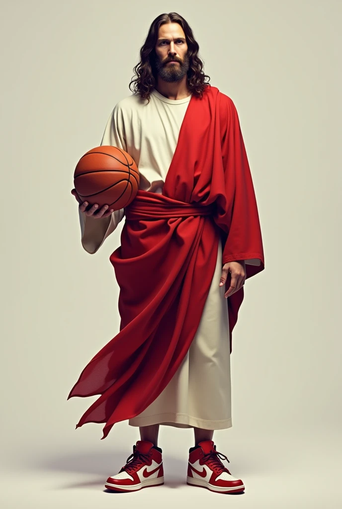 Jesus wearing a red Nike Jordan 1 and holding a basketball