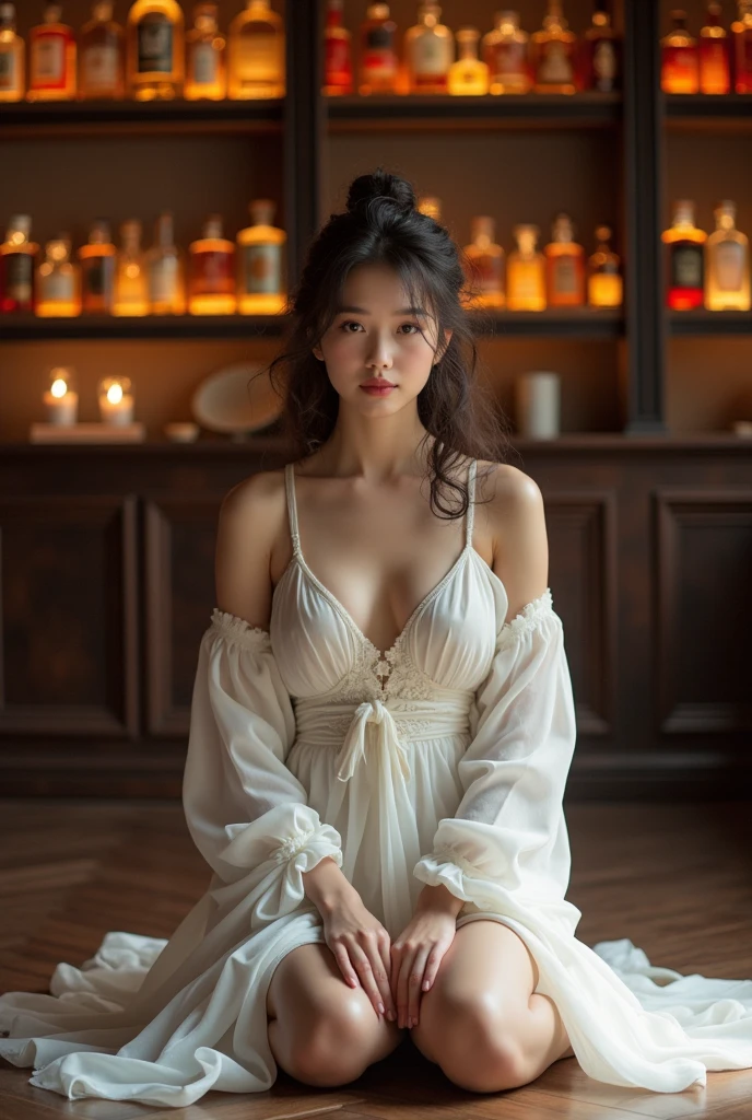 A brunette girl with curly hair and big breasts sits with her legs stretched out, taking a realistic photoA beautiful young woman in a white silk dress in an ancient Tang Dynasty is standing in a fine liquor store where beautifully shaped glass bottles of distilled liquor are displayed on shelves for people in various outfits to choose from. She walks into a bathroom on the floor and spreads her arms out for a maid to take off her clothes. Her naked body is being stared at by people.