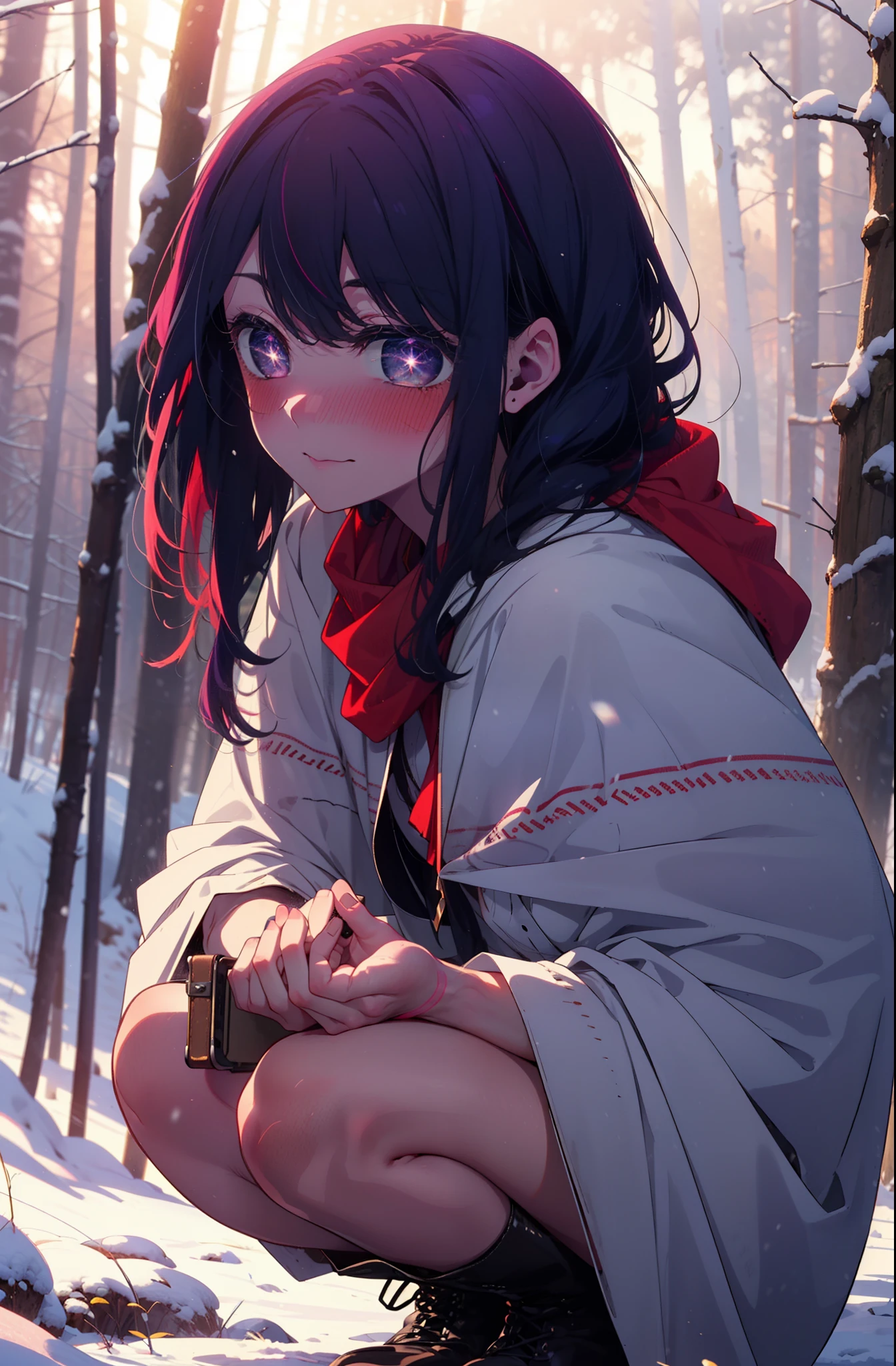 aihoshino, Ai Hoshino, Long Hair, bangs, (Purple eyes:1.1), Purple Hair, (Symbol-shaped pupil:1.5), smile,,smile,blush,white breath,
Open your mouth,snow,Ground bonfire, Outdoor, boots, snowing, From the side, wood, suitcase, Cape, Blurred, , forest, White handbag, nature, Squat, Mouth closed, Cape, winter, Written boundary depth, Black shoes, red Cape break looking at viewer, Upper Body, whole body, break Outdoor, forest, nature, break (masterpiece:1.2), Highest quality, High resolution, unity 8k wallpaper, (shape:0.8), (Beautiful and beautiful eyes:1.6), Highly detailed face, Perfect lighting, Highly detailed CG, (Perfect hands, Perfect Anatomy),