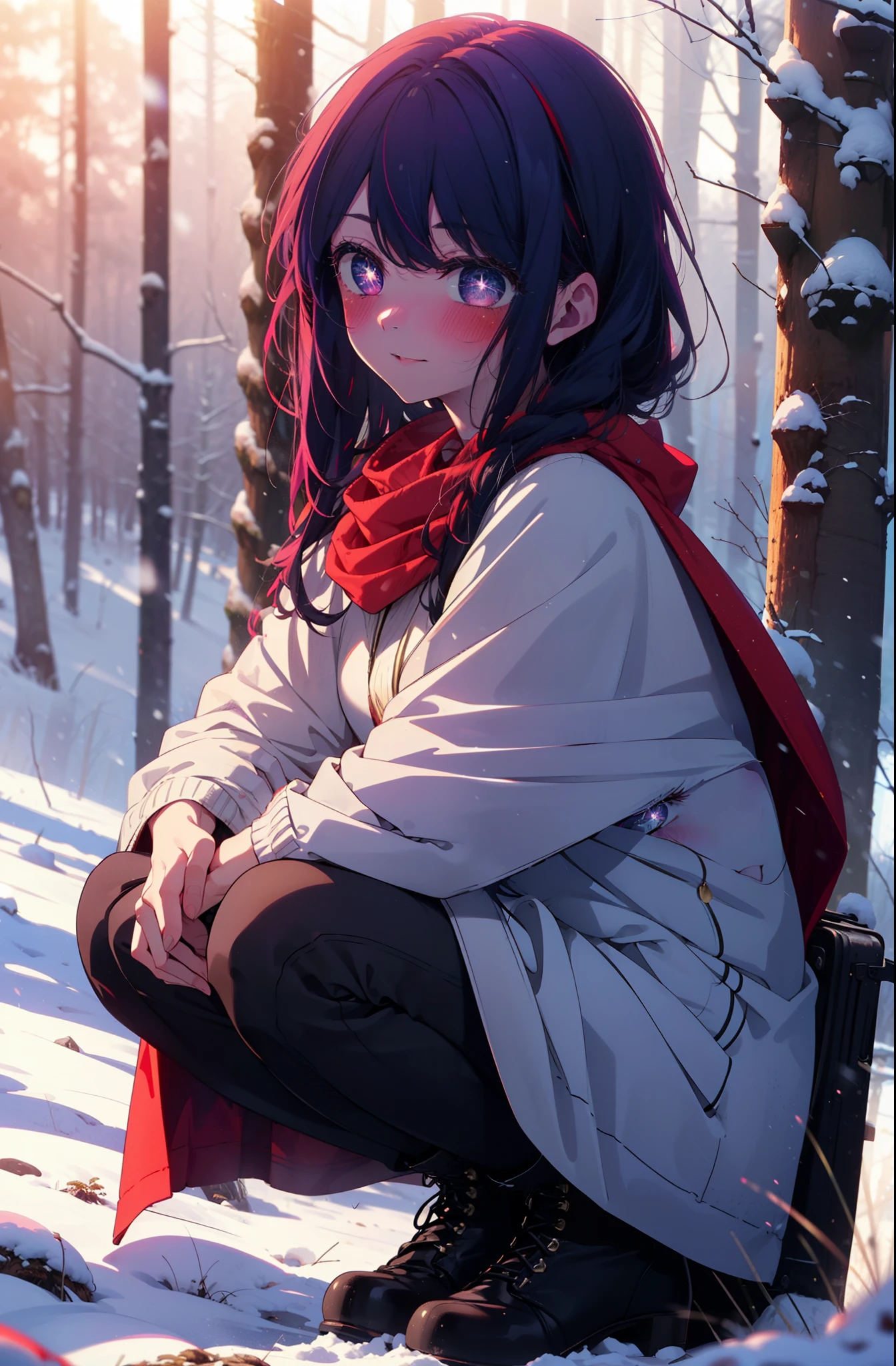 aihoshino, Ai Hoshino, Long Hair, bangs, (Purple eyes:1.1), Purple Hair, (Symbol-shaped pupil:1.5), smile,,smile,blush,white breath,
Open your mouth,snow,Ground bonfire, Outdoor, boots, snowing, From the side, wood, suitcase, Cape, Blurred, , forest, White handbag, nature, Squat, Mouth closed, Cape, winter, Written boundary depth, Black shoes, red Cape break looking at viewer, Upper Body, whole body, break Outdoor, forest, nature, break (masterpiece:1.2), Highest quality, High resolution, unity 8k wallpaper, (shape:0.8), (Beautiful and beautiful eyes:1.6), Highly detailed face, Perfect lighting, Highly detailed CG, (Perfect hands, Perfect Anatomy),