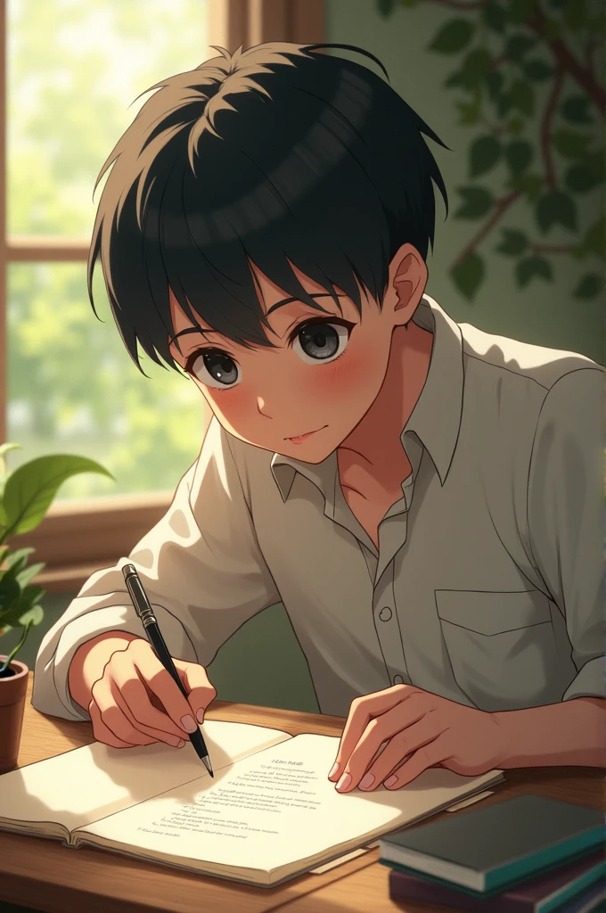 Give me a picture of a anime boy who is written a poem, the poem's name is "The Boy Which Name is Rudranil"
