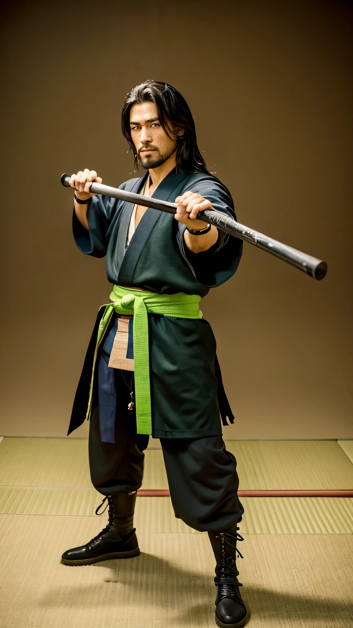 Create a realistic, high-resolution full-body image (8K or higher). The subject is a handsome Japanese man, age 25, with a tall and muscular build, balanced proportions, and a deep, chiseled face like someone of mixed heritage. He has sharp eyes and messy long hair. His attire can be a kimono, traditional Japanese armor, ninja outfit, or martial arts training gear. He can be barefoot, wearing boots, or sneakers. He wields either a katana, spear, tanto, kusarigama, meteor hammer, or nunchaku in one hand, or dual-wields them. The pose is dynamic and action-oriented. The background should be either a battlefield, Shibuya in 2024, or a green screen backdrop. Additionally, incorporate a setting with a futuristic vibe, cyberpunk atmosphere, Edo-period Japan, or Taisho-era Japan. It is essential to depict perfect details in the hands and fingers, arms, legs, head, and torso.