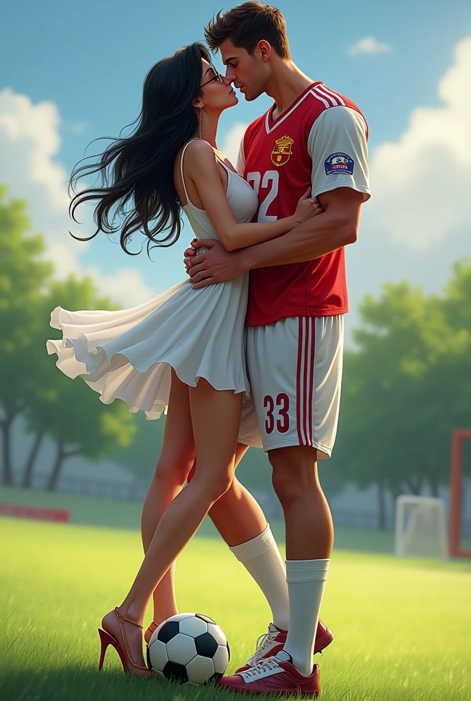 A man pick up woman and woman legs wrapped around man s waist and kissing eachother .man and woman standing in a football field ground .man is wearing red and white 32 no sports jersey. Girl is wearing long white dress and glasses. She has black hair and wearing high heel. Man is one foot standing on soccer ball . Girl hand in man s arm and man s hand on her ass. Man is 1 feet taller than woman