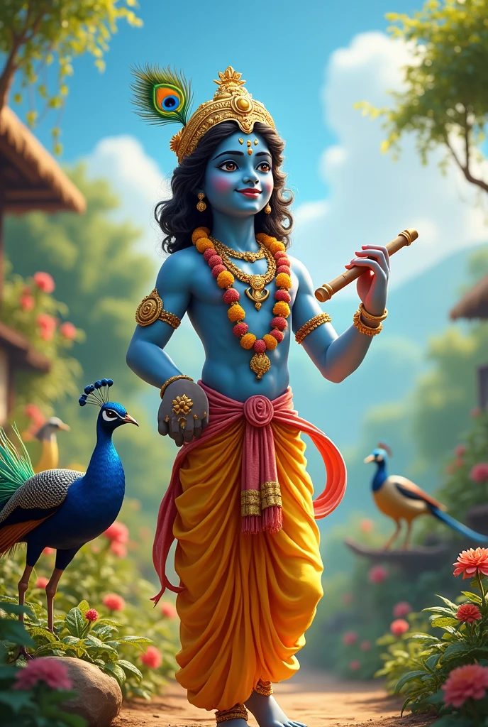 Lord krishna as  in village, create high quality realistic image, Landscape of a village, bight sky, vibrant colors, looking with smile, holding a flute in his hand, wearing a golden crown with a peacock feather in it, environment is background is of garden, image should ultra clear, hyper realistic, high quality 4k , peacock and birds