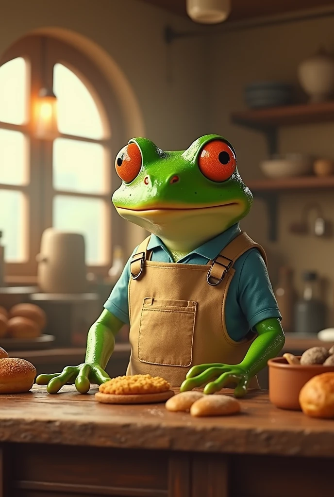 Retro Images,Storytelling,Tree frog,Ultra-realistic,high resolution,I work at a bakery