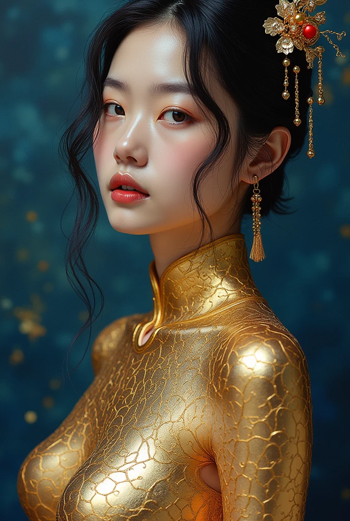 A stunning, high-resolution painting of a Korean woman, meticulously adorned in intricate Japanese gold designs that seamlessly cover her entire body. The gold lines and flakes overlap her skin in a harmonious, geometric pattern, creating a mesmerizing visual effect. The color palette is dominated by golden hues, with subtle touches of orange and purple adding depth and contrast. The background features a rich dark blue, drawing attention to the intricate gold patterns. This breathtaking work of art is rendered in UHD 16K quality, providing a highly detailed and immersive viewing experience, making it a masterpiece of painting, portrait photography, fashion, and conceptual art., conceptual art, fashion, painting, portrait photography