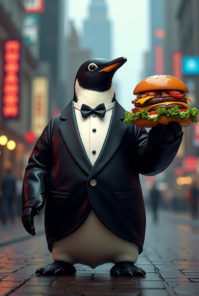 A stylish penguin holding a burger in his right hand