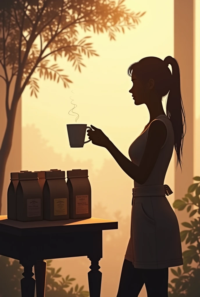 I need silhouettes of a person offering coffee, with a table-type stand with coffee bags on top