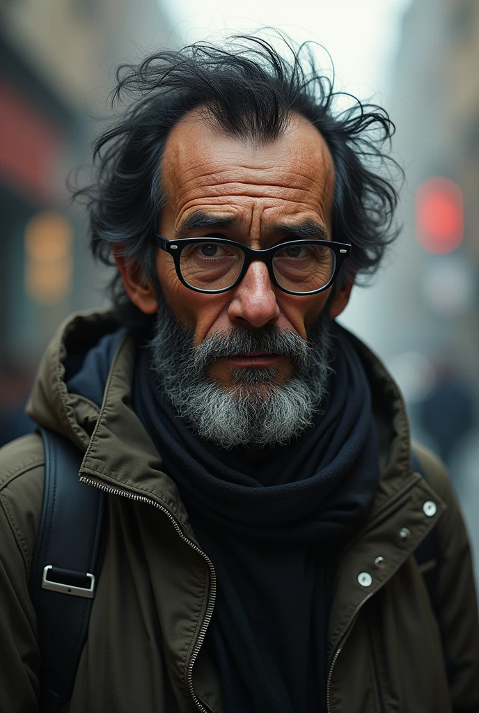 Homeless man with receding hairline and disheveled hair and little hair in the middle of his head and with glasses but 4 and a teacher and has a scarf and black hair and standing hair 