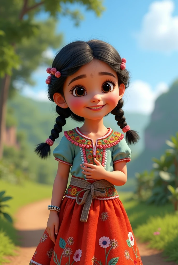 Pixar Disney style girl with braids dressed in the typical Paraguayan costume